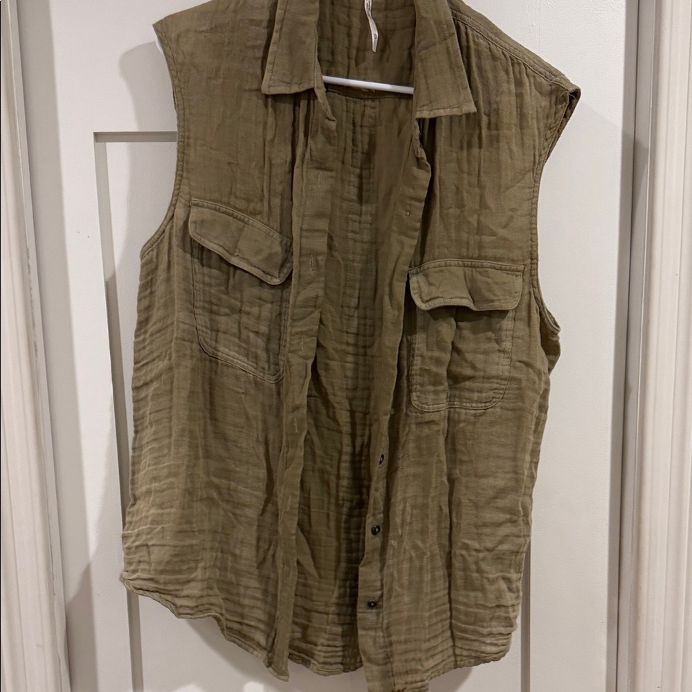 Free People Olive Sleeveless Button Down Shirt